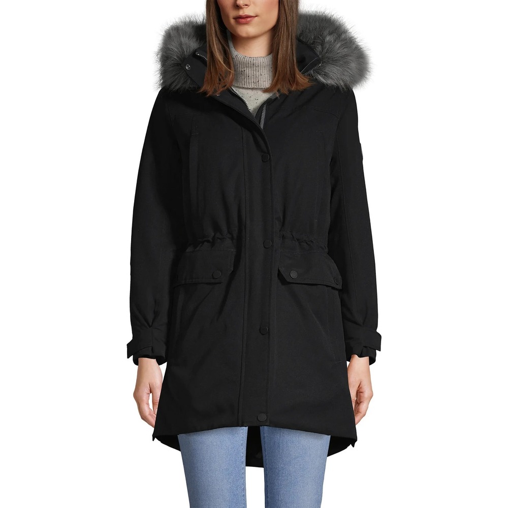 Lands End Down Coat Womens M 10-12 Black Expedition Waterproof Faux Fur Hood